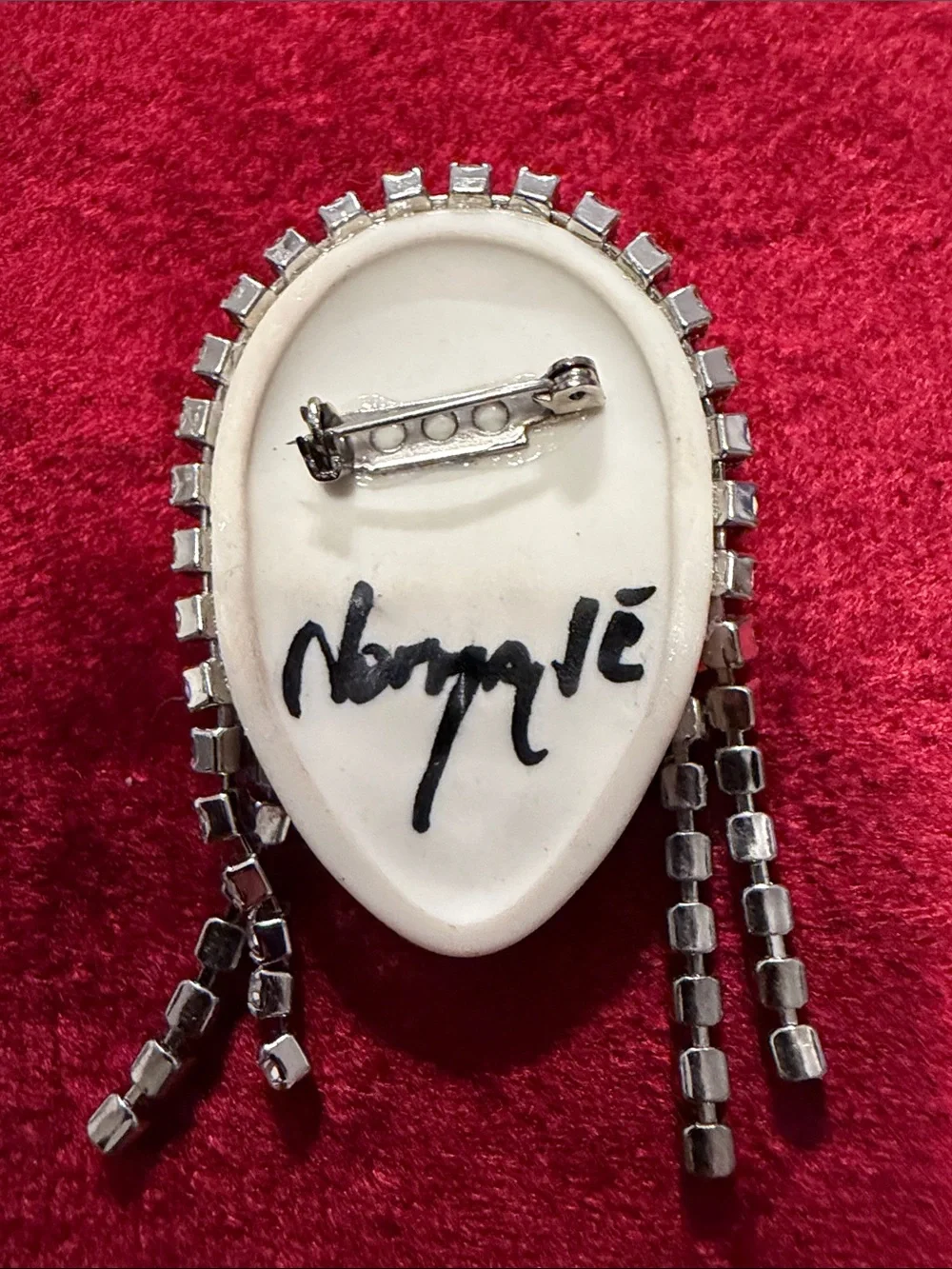 Vintage Norma E Flapper Brooch wRed Lips rare mint condition signed porcelain